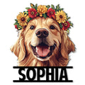 Golden Retriever metal sign featuring a joyful dog portrait framed by colorful flowers