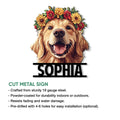 Golden Retriever cut metal sign product guide showing the floral dog portrait and available finish details