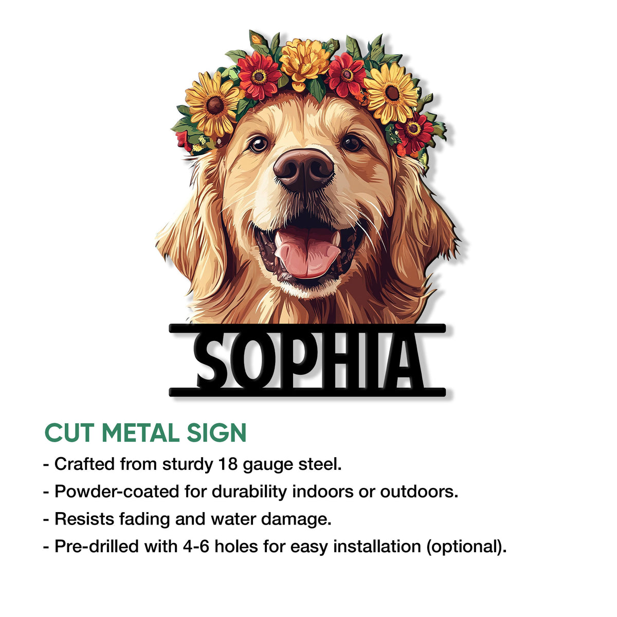 Golden Retriever cut metal sign product guide showing the floral dog portrait and available finish details