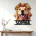 Golden Retriever floral metal sign displayed as cheerful wall decor in a bright home entryway