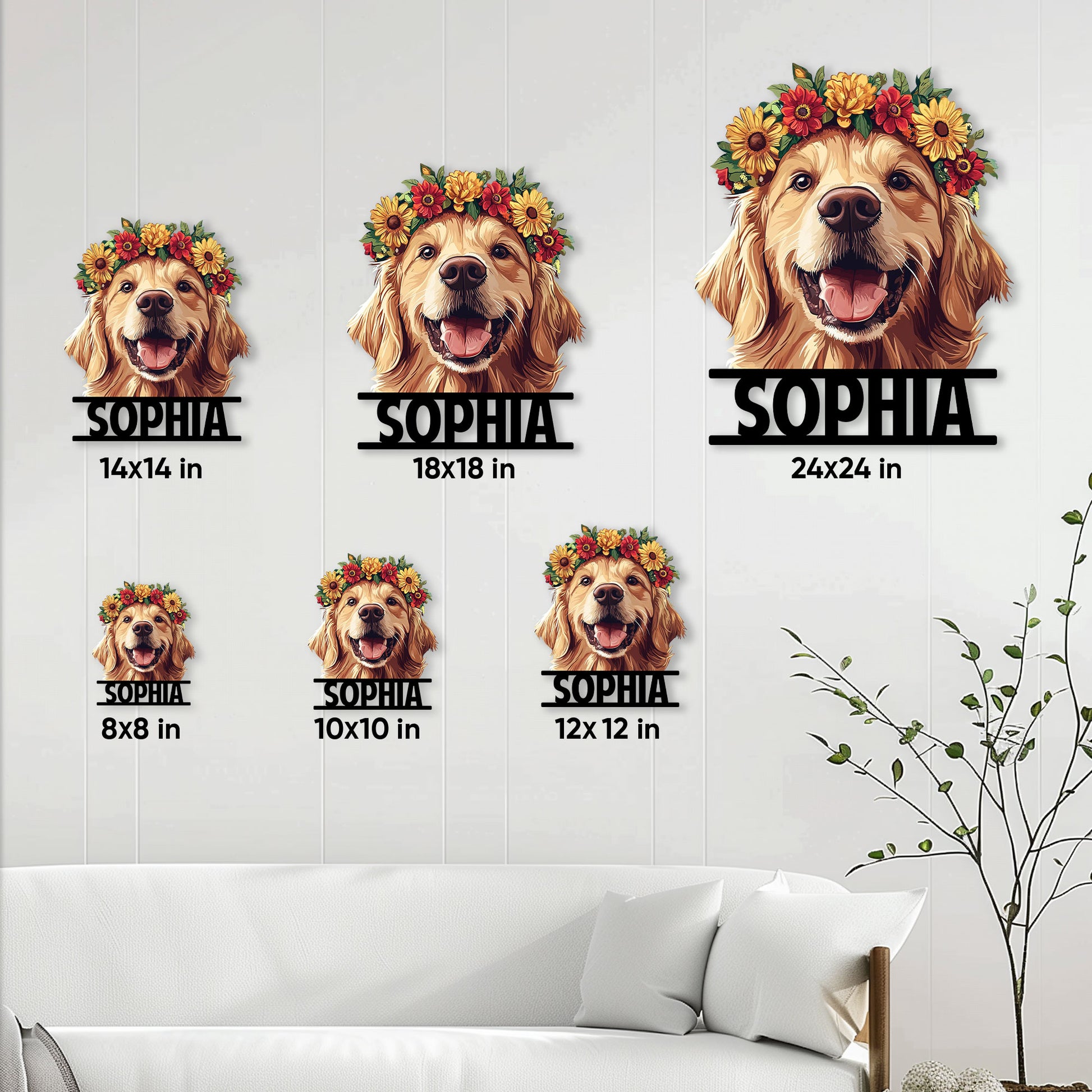 Golden Retriever metal sign size guide showing multiple square size options in a living room setting