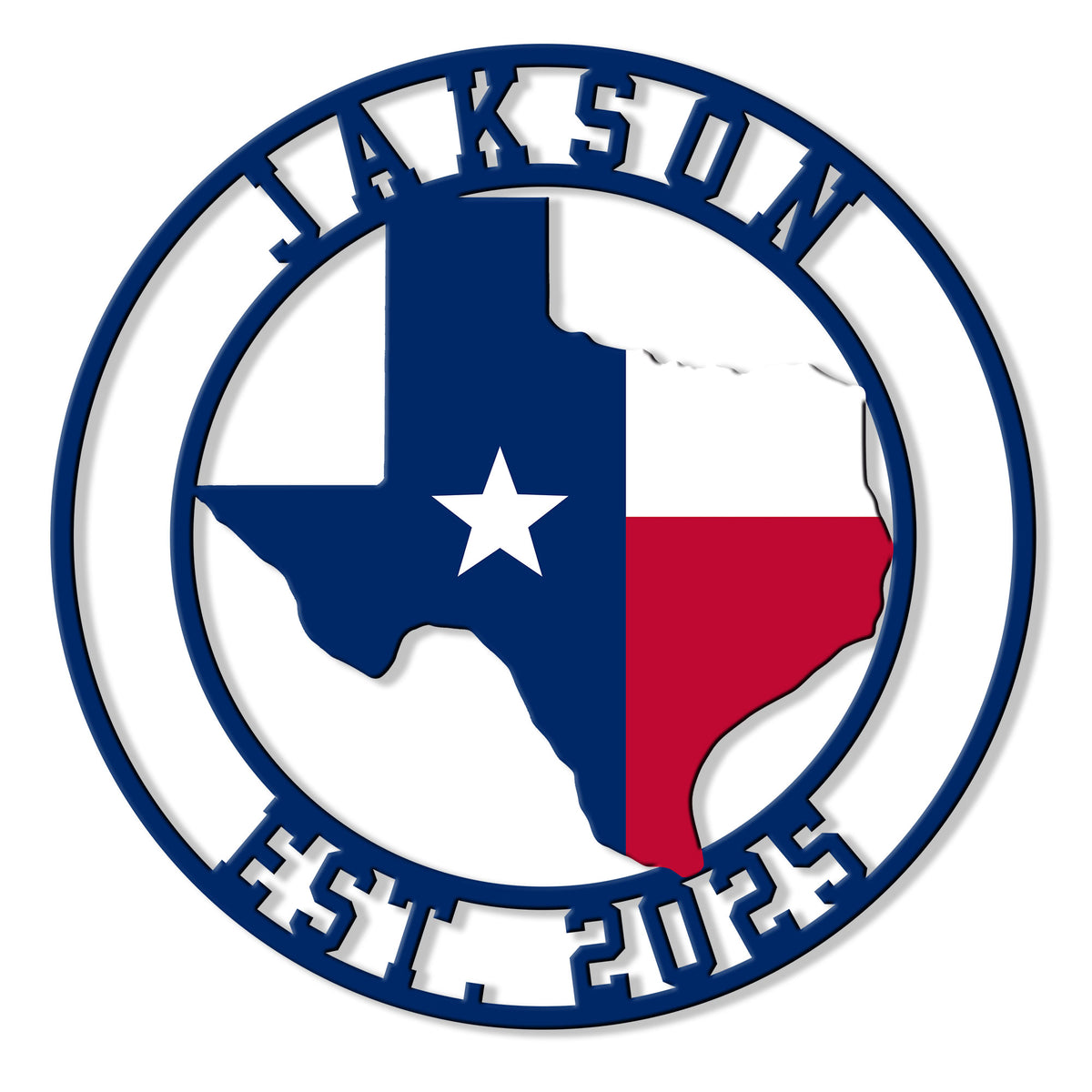 Custom Texas metal sign featuring the Texas state outline, Lone Star, and red, white, and blue flag design