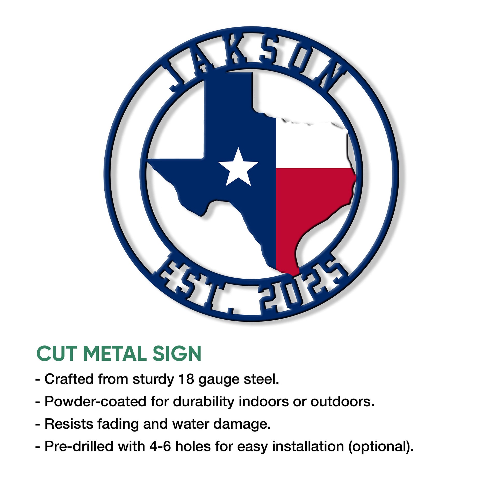 Texas metal sign featuring a bold state silhouette with Lone Star flag colors in a circular cut-steel design