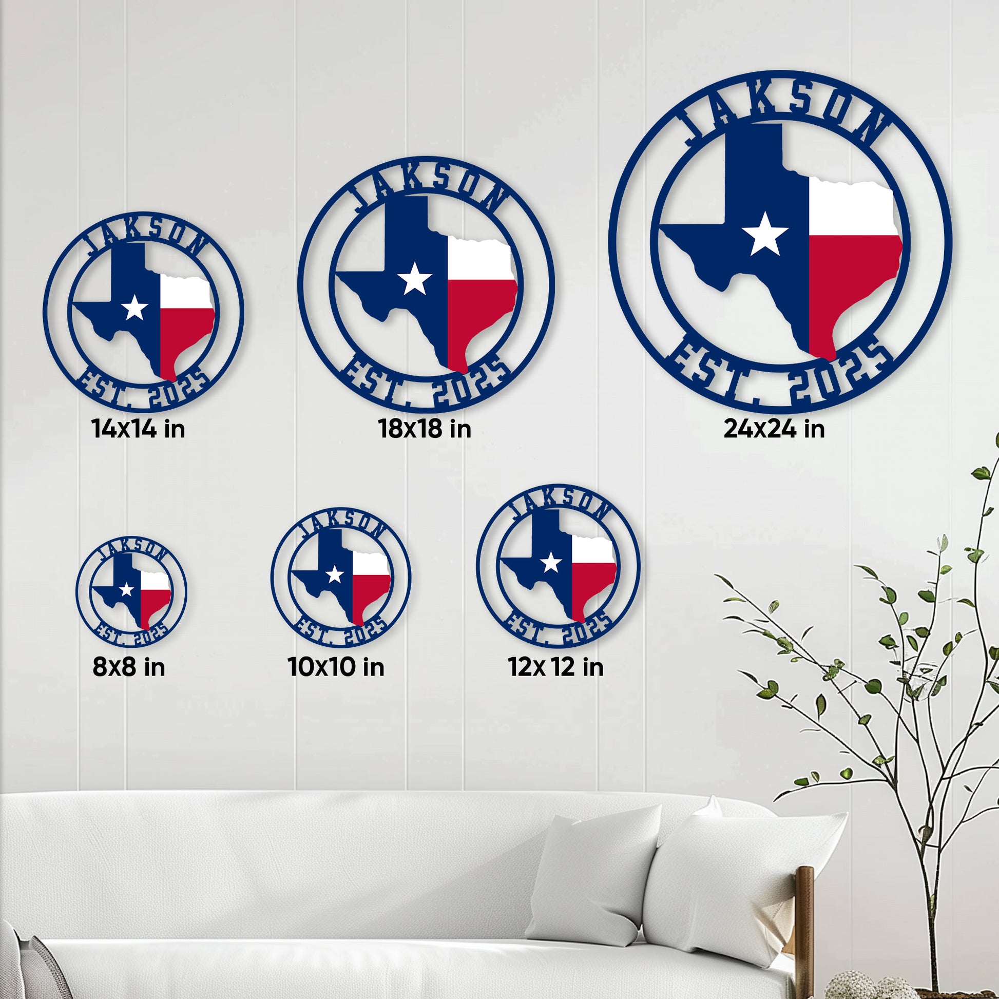 Texas metal sign size guide showing round wall decor options from 8 by 8 inches to 24 by 24 inches