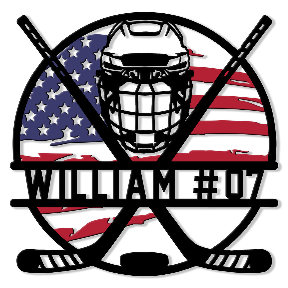 Custom hockey metal sign featuring a goalie mask, crossed sticks, puck, and American flag design