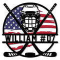 Custom hockey metal sign featuring a goalie mask, crossed sticks, puck, and American flag design