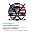 Hockey goalie metal sign shown with cut-metal sign features and patriotic artwork