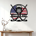 Patriotic hockey goalie metal wall sign displayed on a white paneled wall