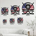 Hockey metal sign size guide showing multiple square size options in a room setting