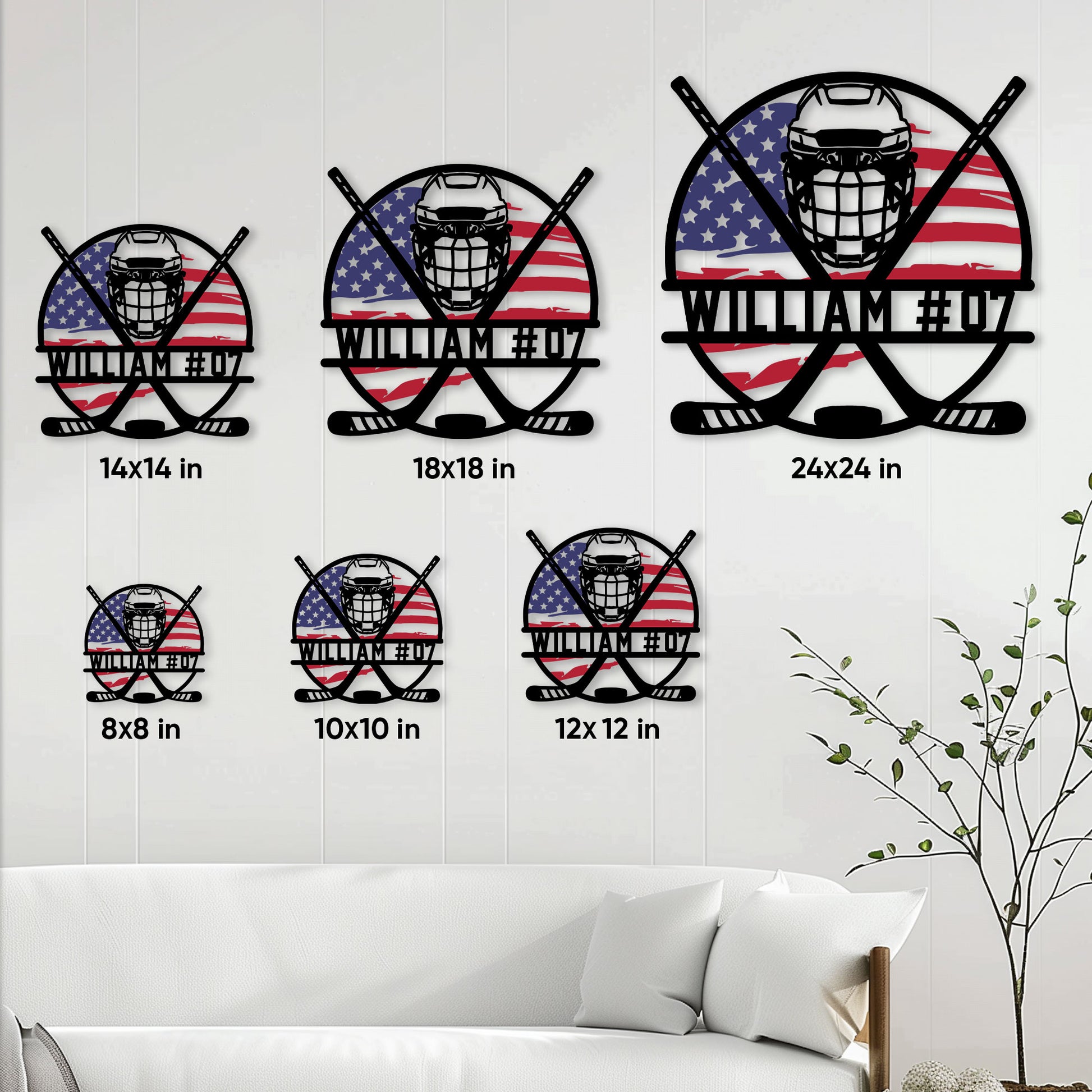 Hockey metal sign size guide showing multiple square size options in a room setting