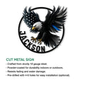 Police eagle cut metal sign shown with product construction and installation details