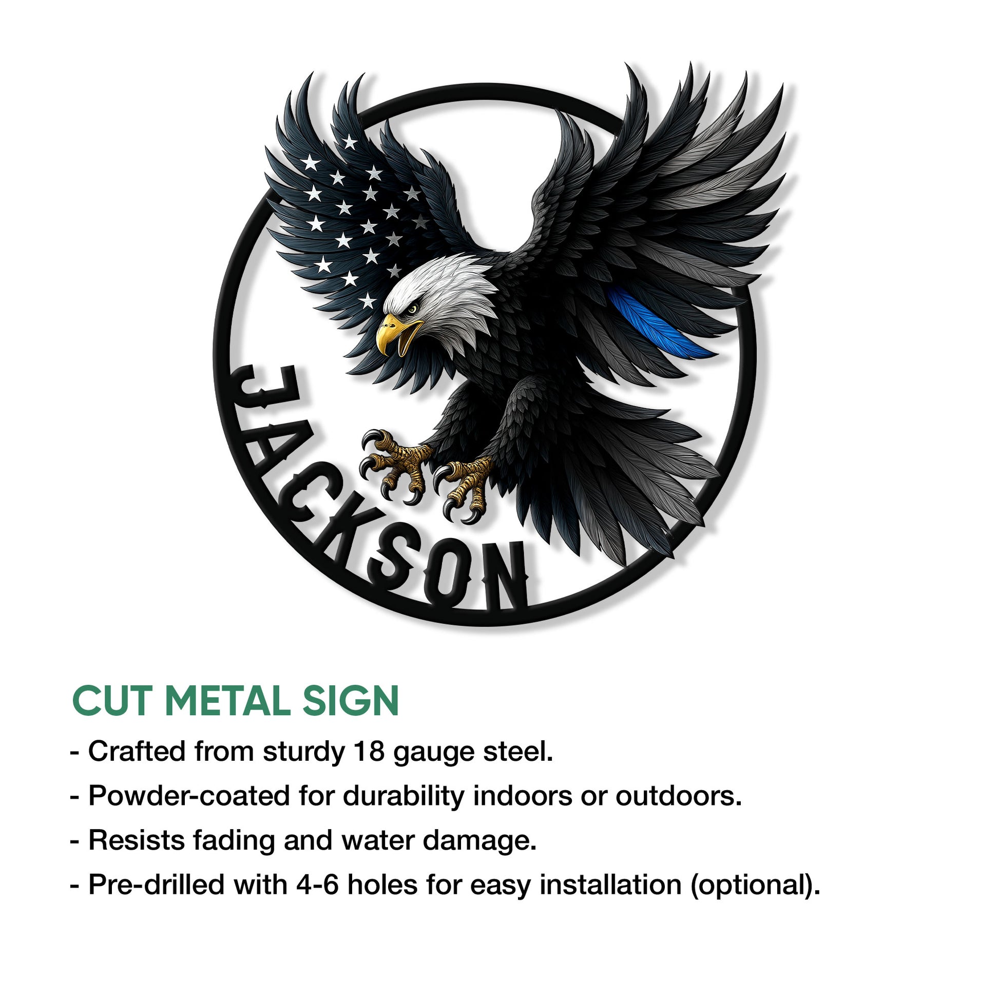 Police eagle cut metal sign shown with product construction and installation details