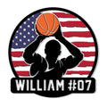Custom basketball metal sign featuring a player silhouette holding a ball against an American flag backdrop
