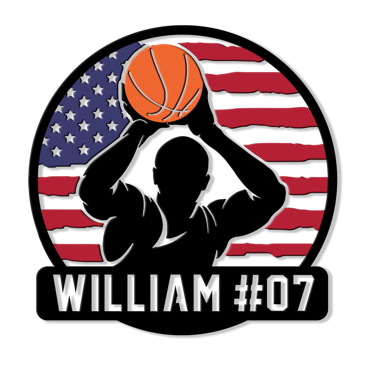 Custom basketball metal sign featuring a player silhouette holding a ball against an American flag backdrop
