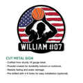 Basketball metal sign feature guide showing cut steel construction and indoor or outdoor display options