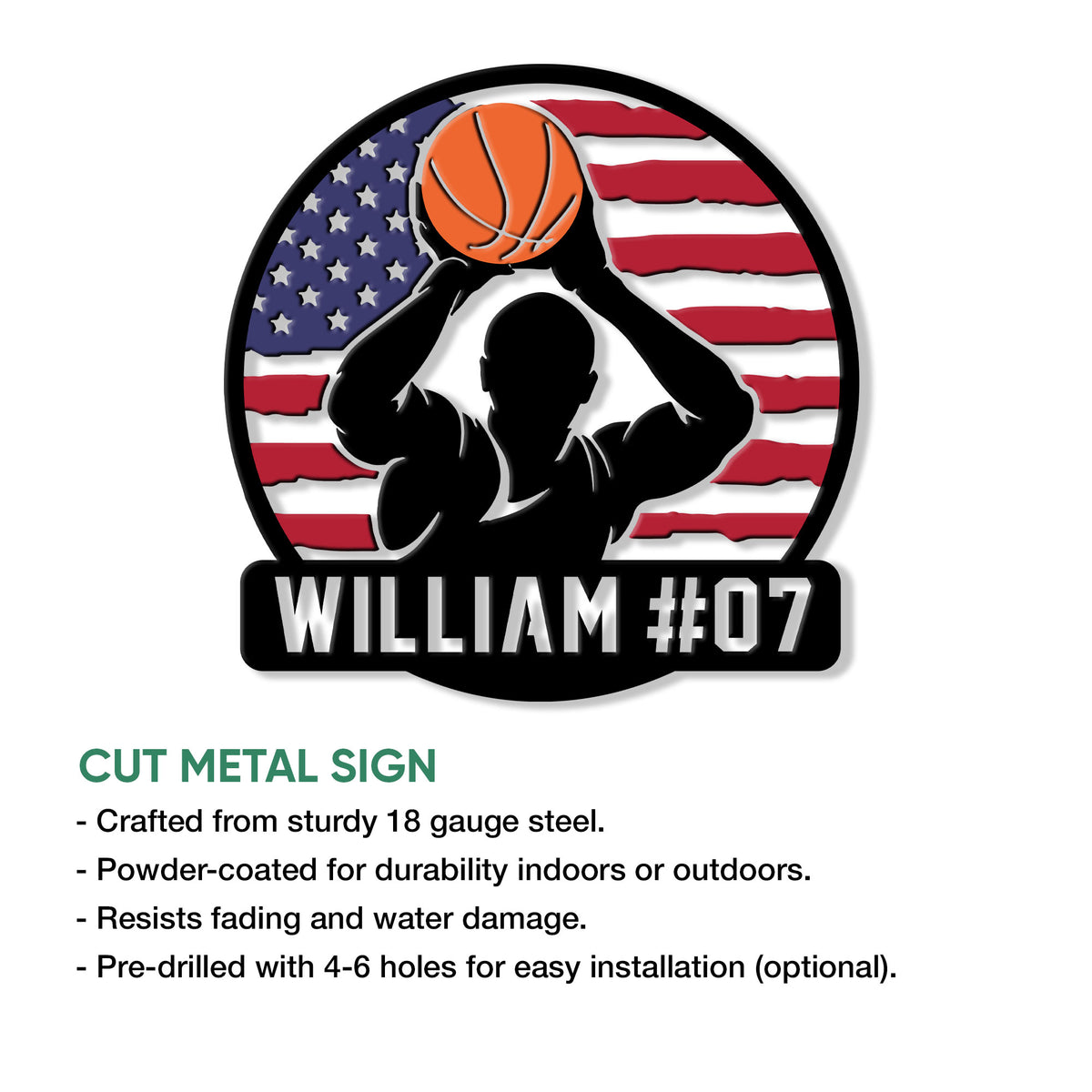 Basketball metal sign feature guide showing cut steel construction and indoor or outdoor display options