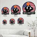 Basketball metal sign size comparison showing six available square sizes in a living room setting