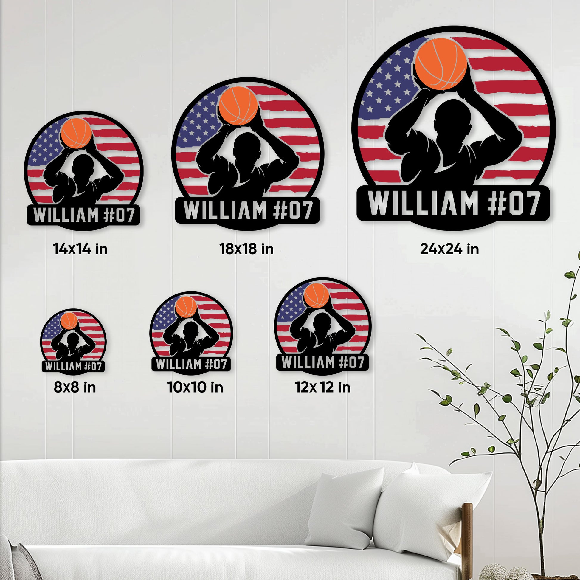 Basketball metal sign size comparison showing six available square sizes in a living room setting