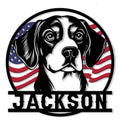Patriotic Beagle metal sign featuring a bold black-and-white dog portrait framed by an American flag design