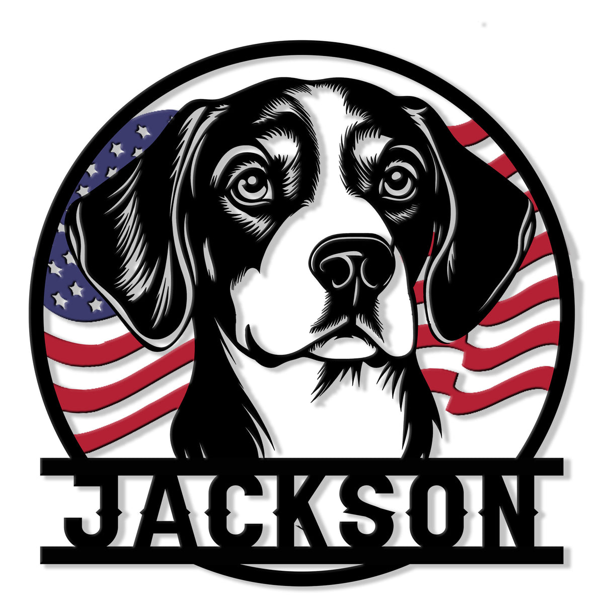 Patriotic Beagle metal sign featuring a bold black-and-white dog portrait framed by an American flag design