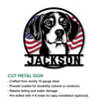 Patriotic Beagle cut metal sign shown with product features and a close view of the dog portrait artwork