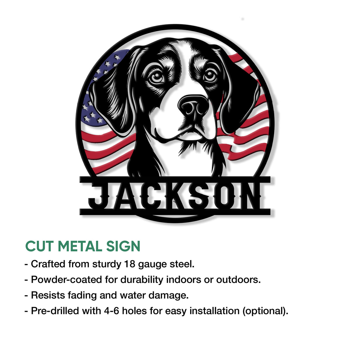 Patriotic Beagle cut metal sign shown with product features and a close view of the dog portrait artwork