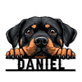 Custom Rottweiler metal sign featuring a close-up black and tan dog peeking over a bold base