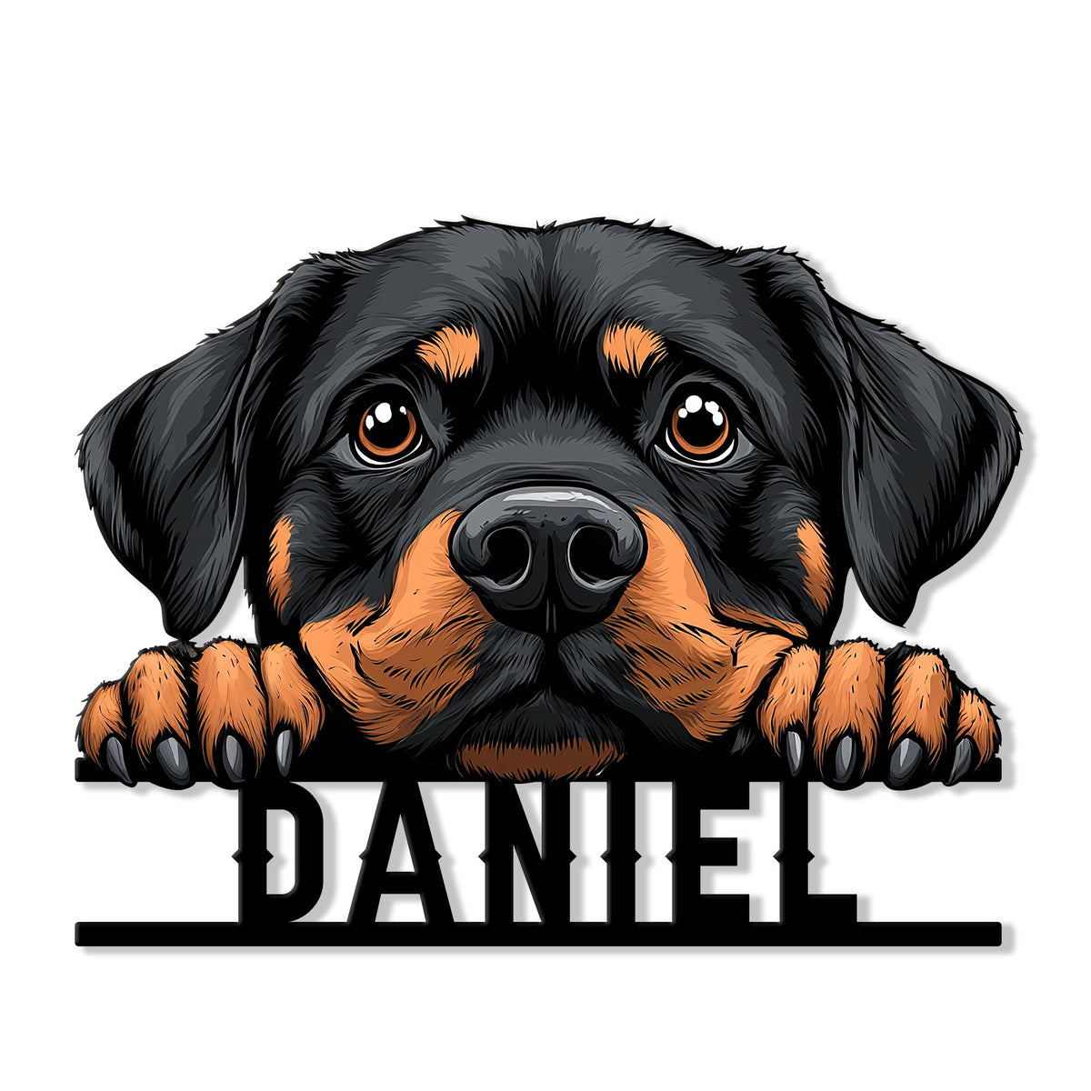 Custom Rottweiler metal sign featuring a close-up black and tan dog peeking over a bold base