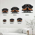Rottweiler metal sign size guide showing available square sizes from 8 by 8 to 24 by 24 inches