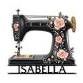 Floral sewing machine metal sign featuring a vintage black sewing machine with pink roses
