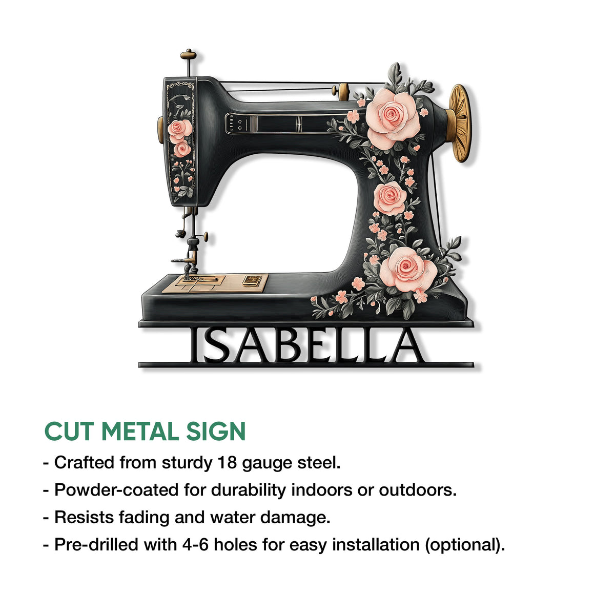 Floral sewing machine metal sign shown with product feature details and decorative rose artwork