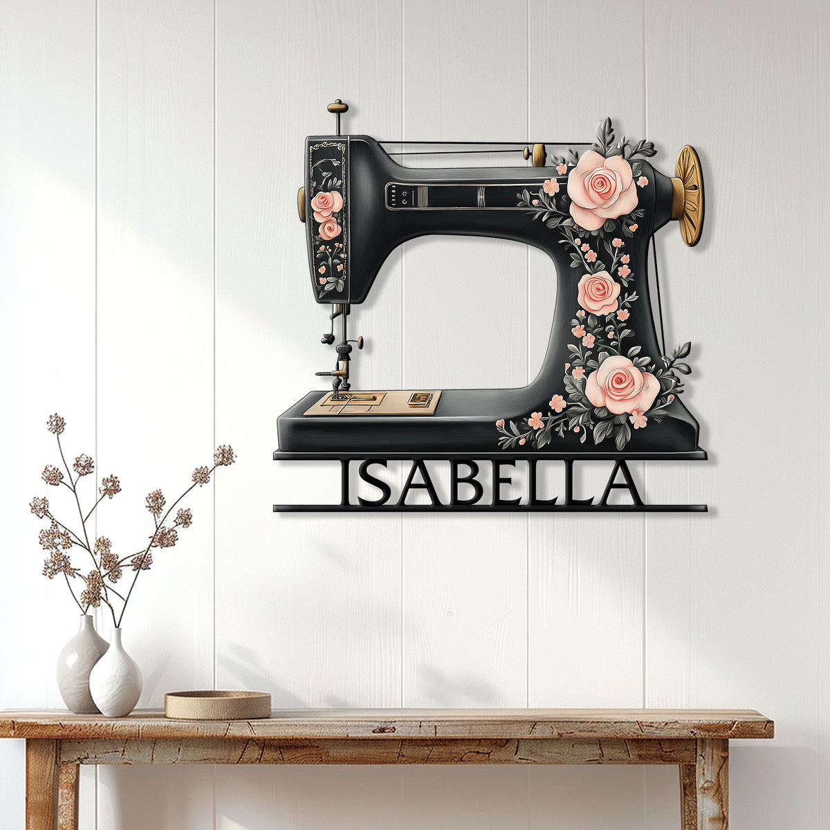 Sewing room wall decor featuring a rose-covered vintage sewing machine sign above a console table