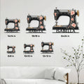 Sewing machine metal sign displayed in multiple sizes on a bright living room wall