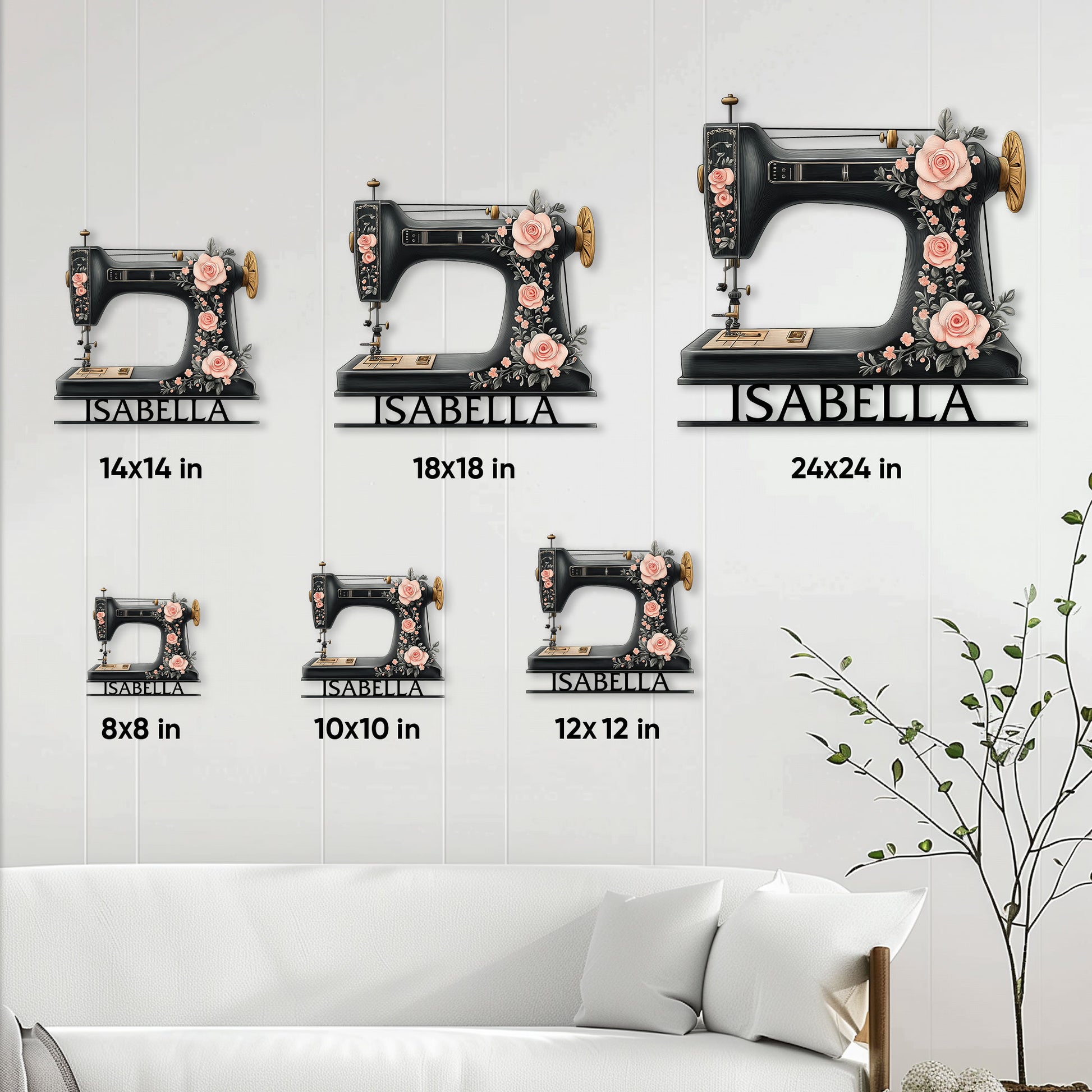 Sewing machine metal sign displayed in multiple sizes on a bright living room wall