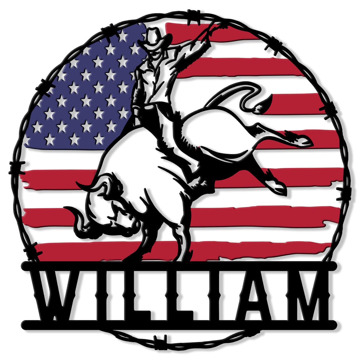 Rodeo metal sign featuring a cowboy bull rider against a distressed American flag and barbed wire frame
