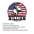Rodeo bull riding metal sign shown with cut-metal construction and patriotic American flag artwork