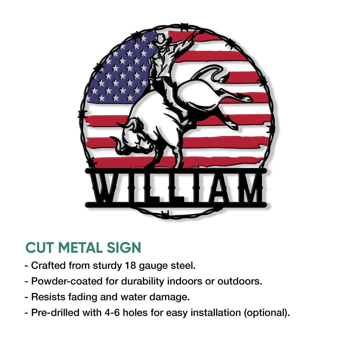 Rodeo bull riding metal sign shown with cut-metal construction and patriotic American flag artwork