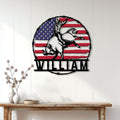 Patriotic rodeo wall decor featuring a cowboy riding a bucking bull in a bright home entryway