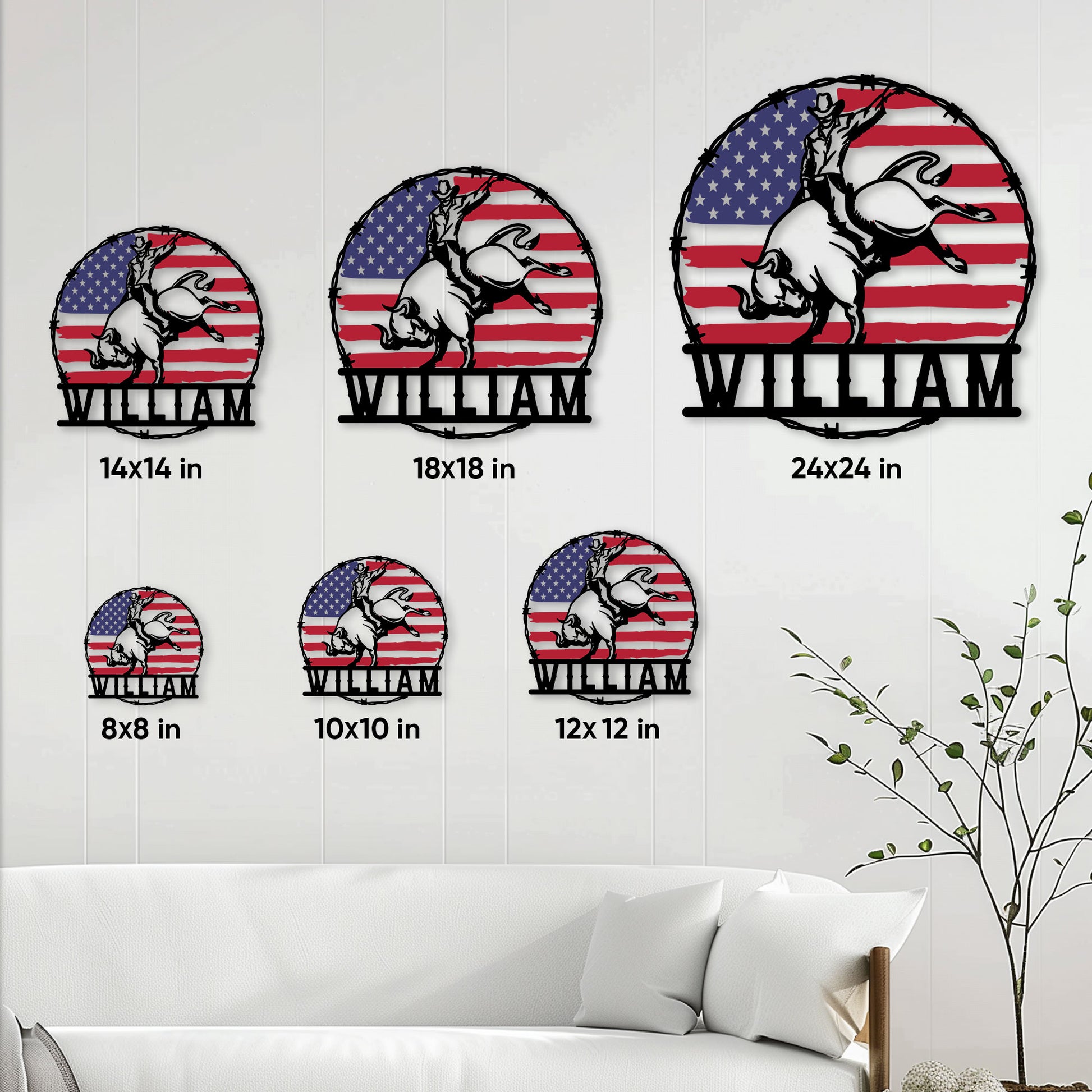 Rodeo bull riding metal sign displayed in multiple size options on a light paneled wall