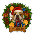 Custom English Bulldog metal sign featuring a Christmas-hat bulldog, gifts, holly, pinecones, and a bone-shaped plaque
