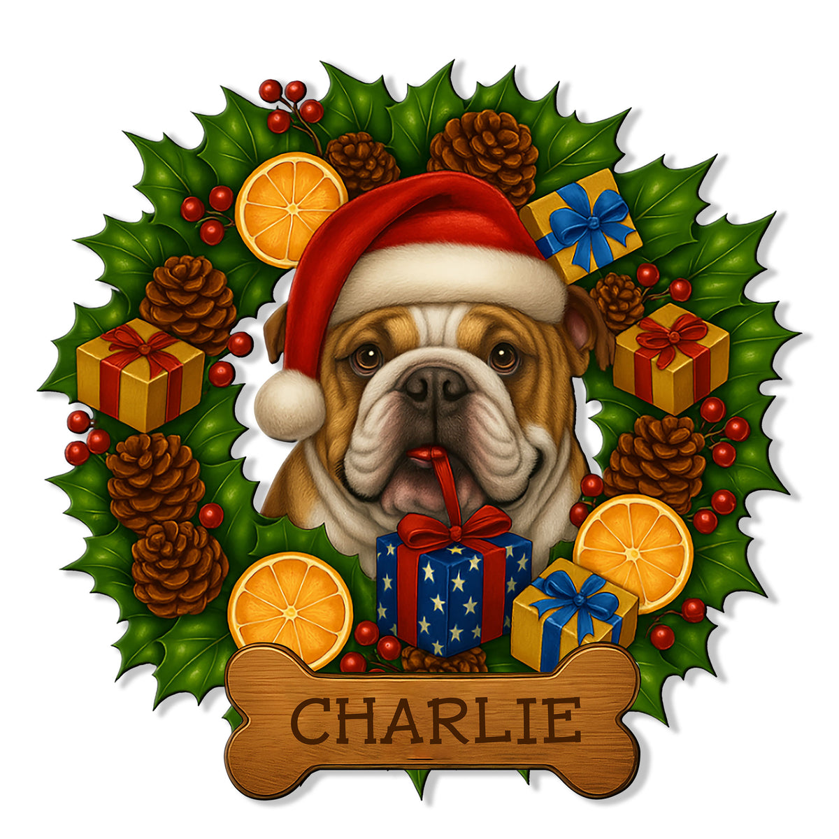 Custom English Bulldog metal sign featuring a Christmas-hat bulldog, gifts, holly, pinecones, and a bone-shaped plaque