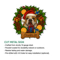 English Bulldog Christmas metal sign shown with a cutout design and indoor or outdoor display features