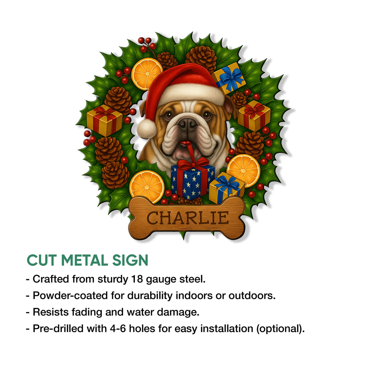 English Bulldog Christmas metal sign shown with a cutout design and indoor or outdoor display features