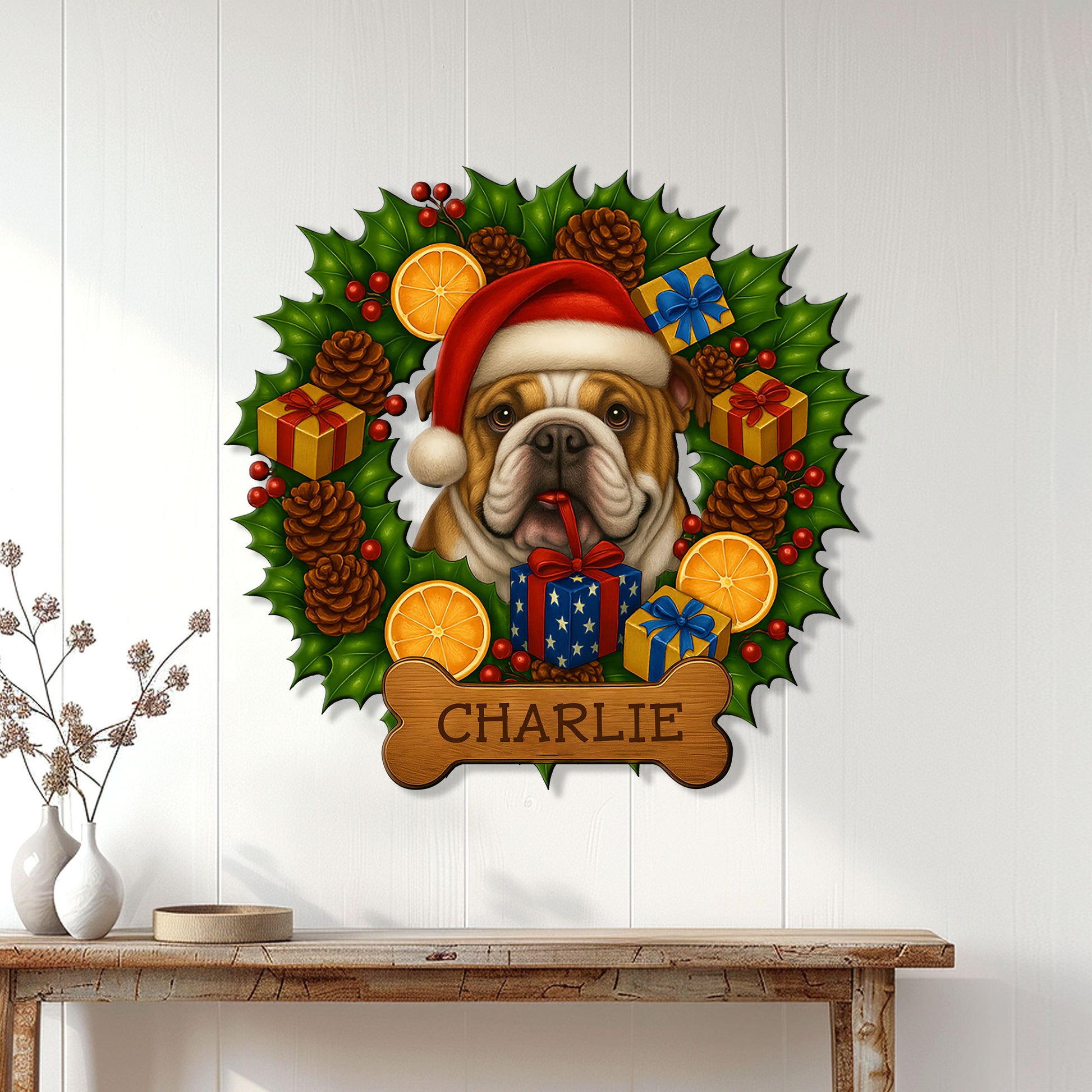 English Bulldog Christmas wall sign displayed on a light wood-paneled wall above a console table