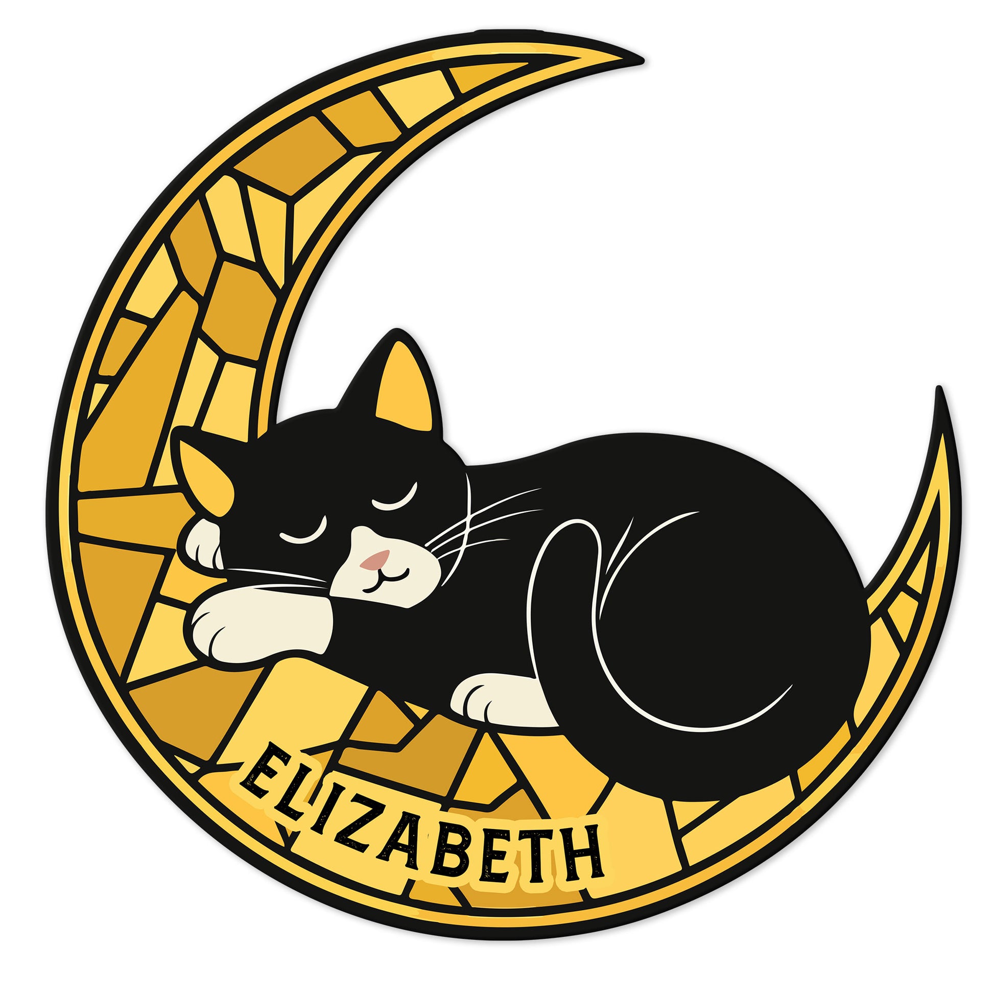 Custom tuxedo cat metal sign showing a sleeping black and white cat curled on a golden crescent moon