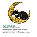 Tuxedo cat crescent moon metal sign displayed with product feature information for indoor or outdoor decor