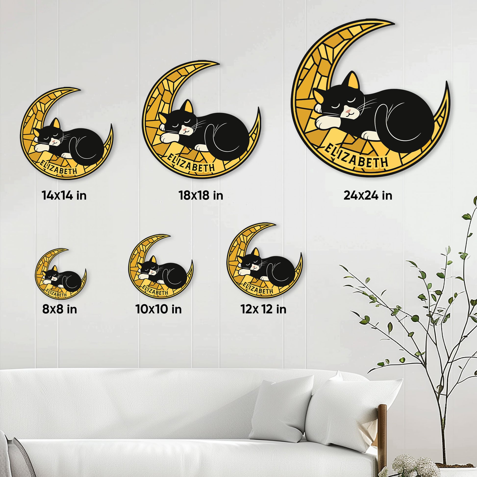Tuxedo cat crescent moon sign shown in multiple size options for different wall decor spaces