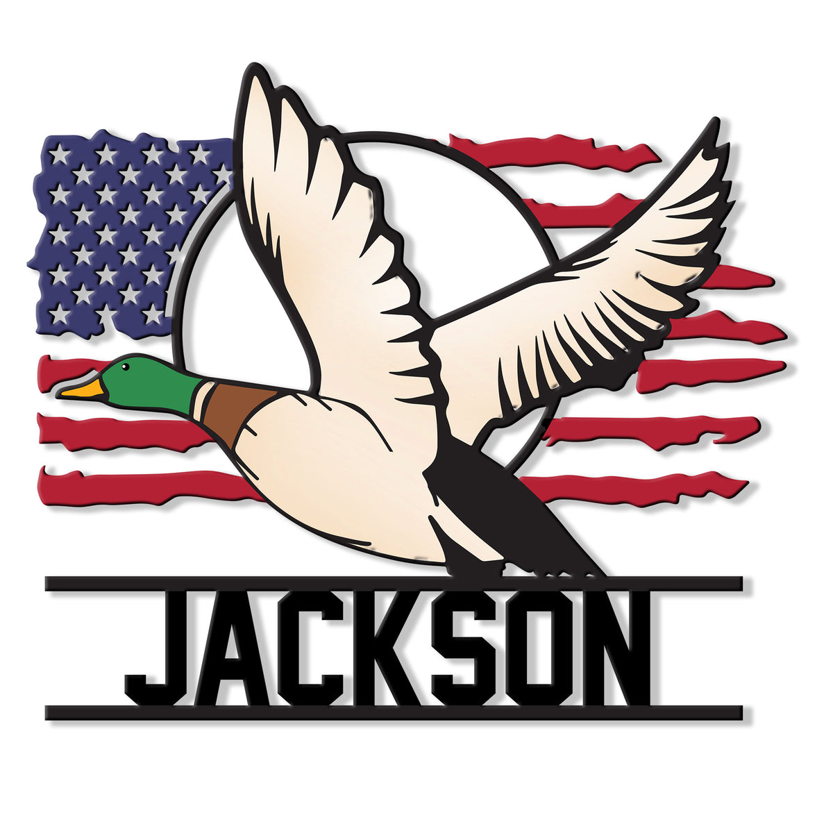Custom duck hunting metal sign featuring a flying mallard over a distressed American flag