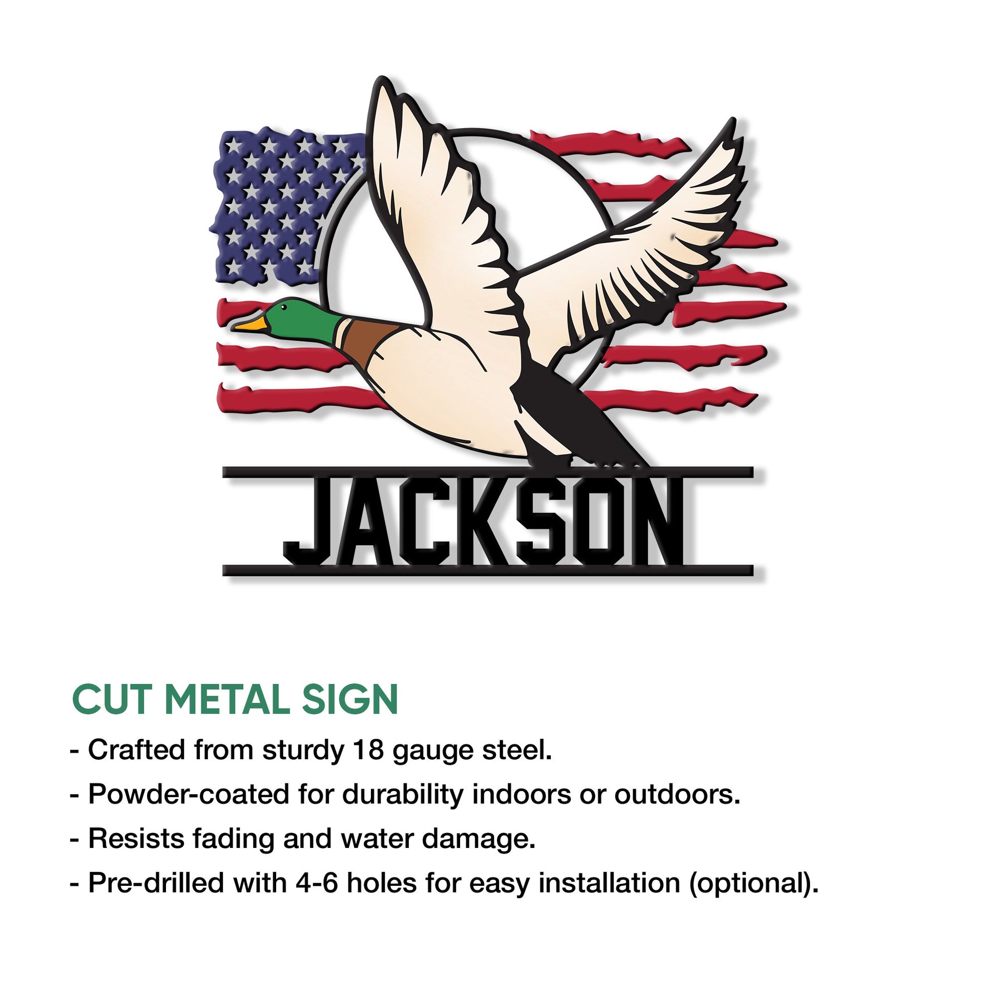 Duck hunting metal sign shown with a flying mallard and patriotic flag artwork in a product detail graphic