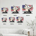 Duck hunting metal sign size guide showing multiple square size options in a home decor setting